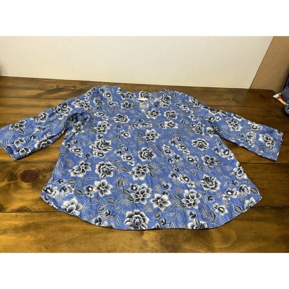 J.Jill Love Linen Blue Floral 3/4 Sleeve Relaxed Fit Popover Top Size Large - Picture 1 of 9
